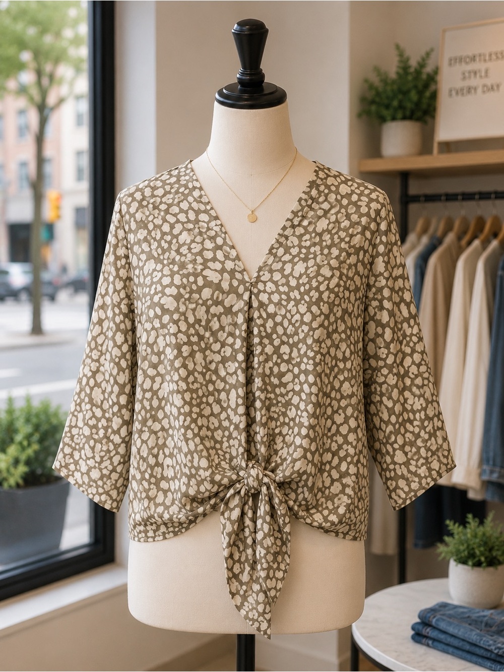 By Together Beige and Cream Spot Tie-Front Blouse